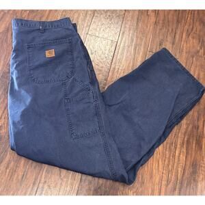 Mens Carhartt Navy Blue Work Pants Dungaree Fit 38/32 Uniform Logo Cotton/Poly